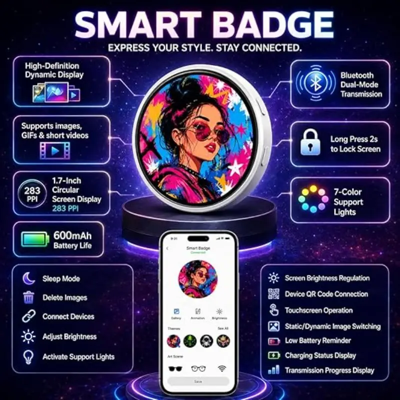 1.7 Inch Touchscreen Digital Badge Pin, HD LED Smart Badge with Bluetooth-compatible Control, Custom Wearable Screen for Concerts and Role Play, Electronic Badge
