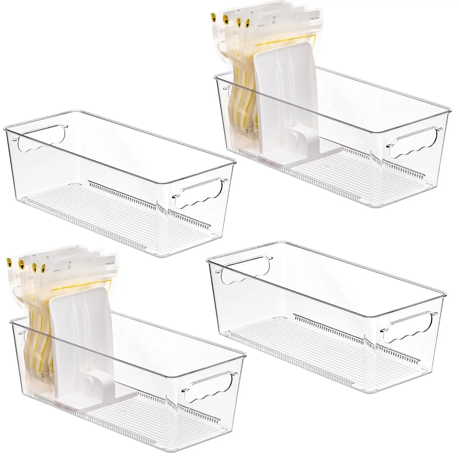 4-Pack Plastic Breast Milk Storage Bin Organizers with Sliding Adjustable Dividers, Flexible Compartment Adjustment, Fridge & Freezer Compatible, Fridge Bin