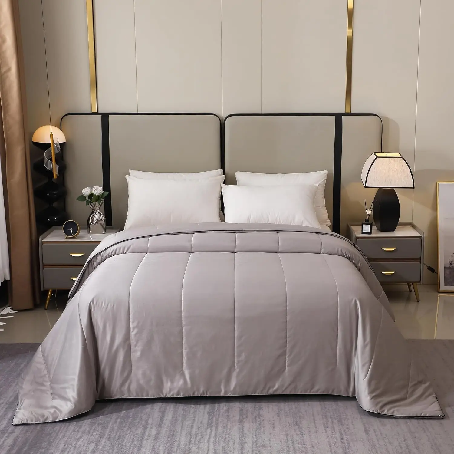 2025 Premium Non-Vacuum Reversible Lightweight Cooling All Season Comforter Quilt Soft Breathable Fluffy Grey Full/Queen