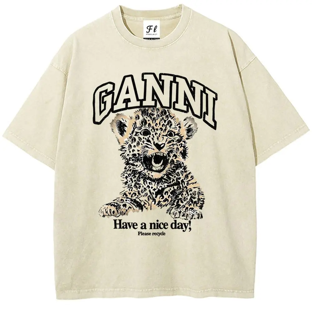 Men's Casual GANNI Style Cheetah Print Tshirt - Short-Sleeve, Round Neck Tops with "Have a Nice Day" Graphic