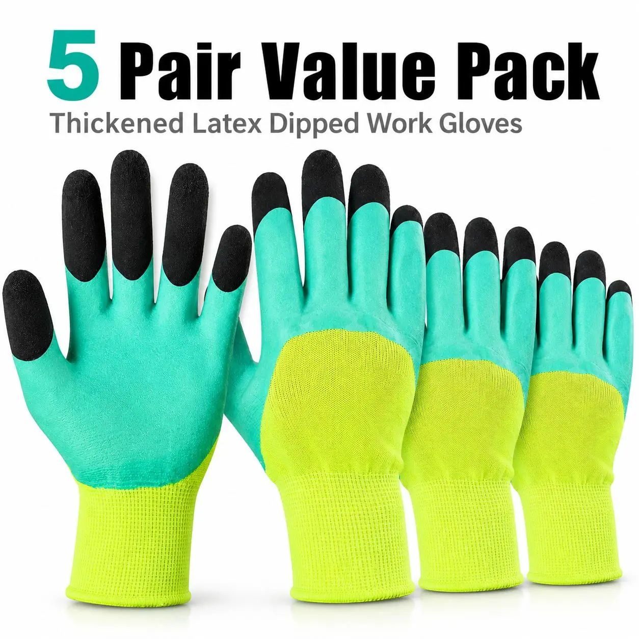5 Pairs Heavy-Duty Latex Coated Work Gloves, Thickened Non-Slip Grip, Breathable Knit Safety Gloves for Construction, Automotive Repair, Mechanic, Gardening, Warehouse & Yard Work