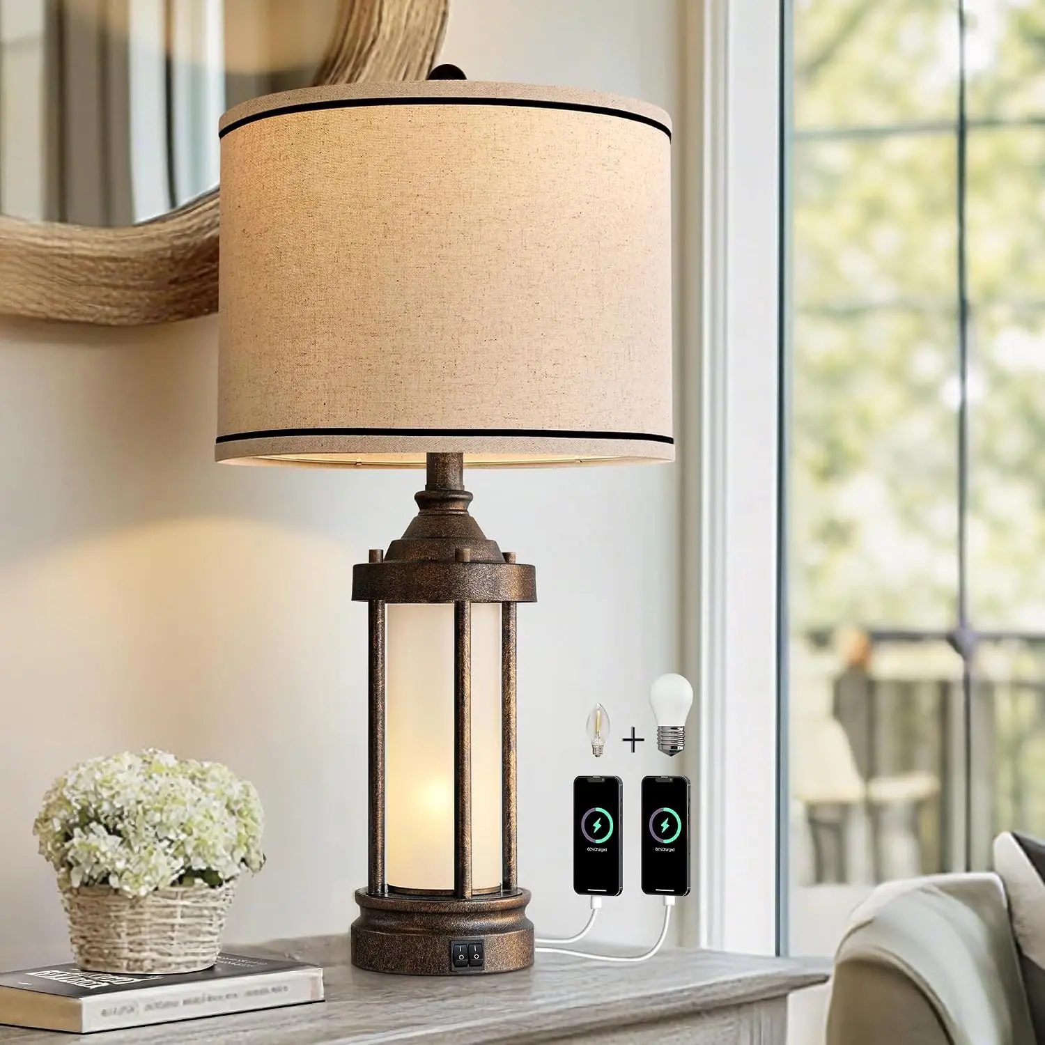 25'' Table Lamp for Living Room Bedroom Farmhouse Metal Lamps with 2 USB Ports, Built-in Frosted Glass Night Light Vintage Industrial Nightstand Bedside End Lamp, 2 Bulbs Included, Bronze
