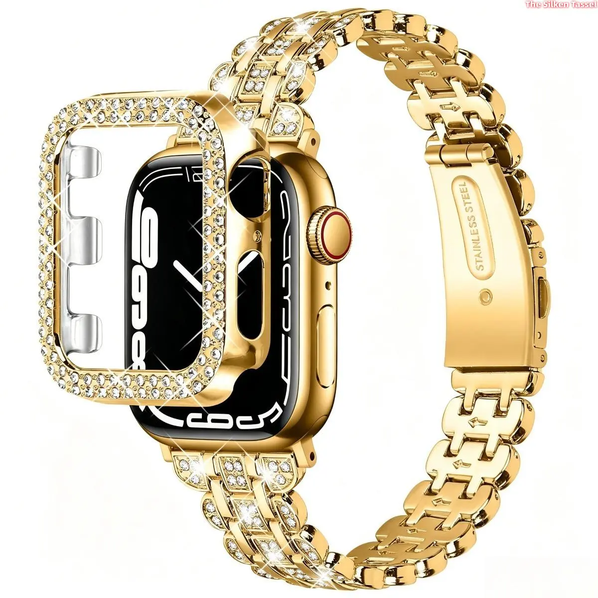Floral Inlaid Rhinestone Metal Watch Band + Double Row Diamond PC Protective Case 2 In 1 Set Compatible With Apple Watch Series1-11 SE Ultra,38/40/41/42/44/45/49mm(Watch Not Included) tiktokshopbacktoschool