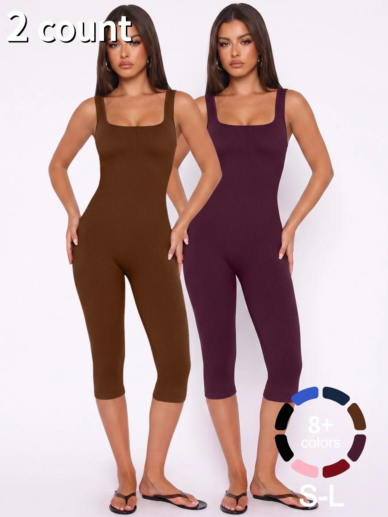 Women's Yoga Capri Jumpsuit Square Neck Backless Tummy Control Butt Lifting, Workout Shorts Romper Seamless Ribbed Sleeveless Unitard for Gym Workout Sports Sporty Yoga Jumpsuit