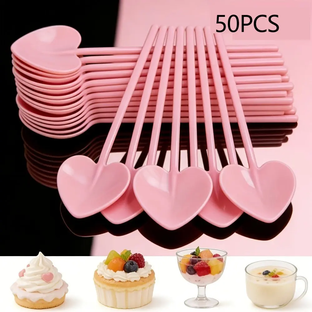 50pcs Heart Dessert Spoons, Cake Ice Cream Scoops, Disposable Sweet Treats, Romantic Wedding Party, Birthday Family Gathering, Plastic Spoons