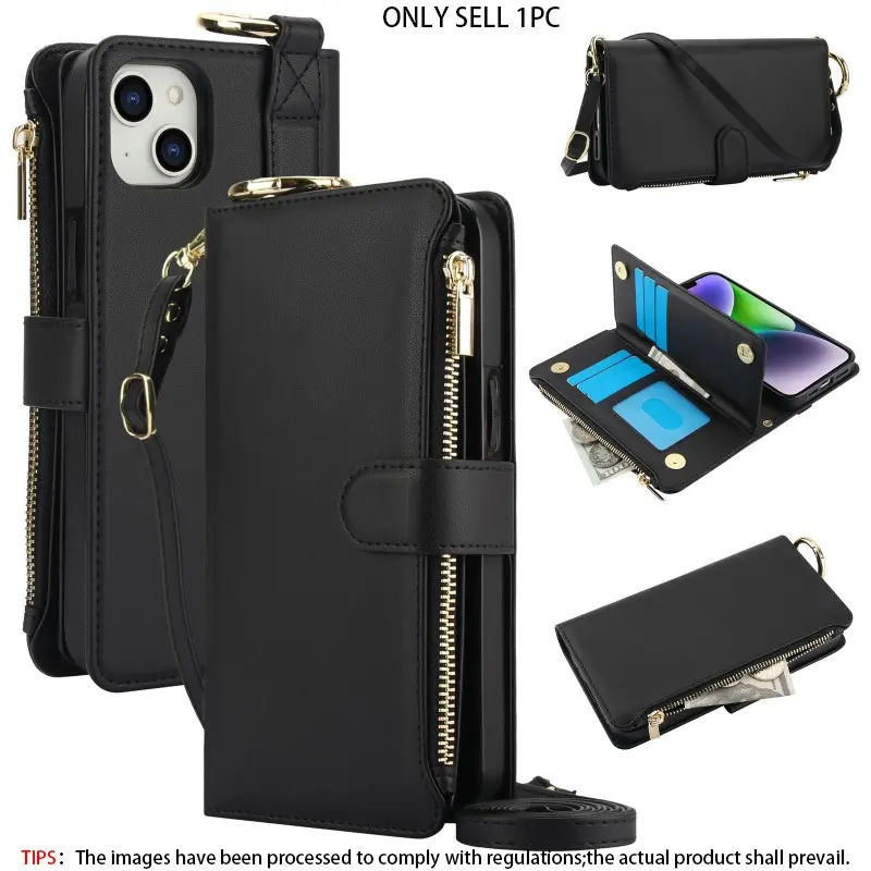 Crossbody card bag, multifunctional wallet, Protective, Accessories, flip cover zipper with hanging rope, phone case for Apple iPhone 17 Pro Max, 17 Air, 16, 15 Pro Max, 14Plus, 13Pro, 12Pro, Anti-theft brush card insertable wome, Casing, Phone Pouch