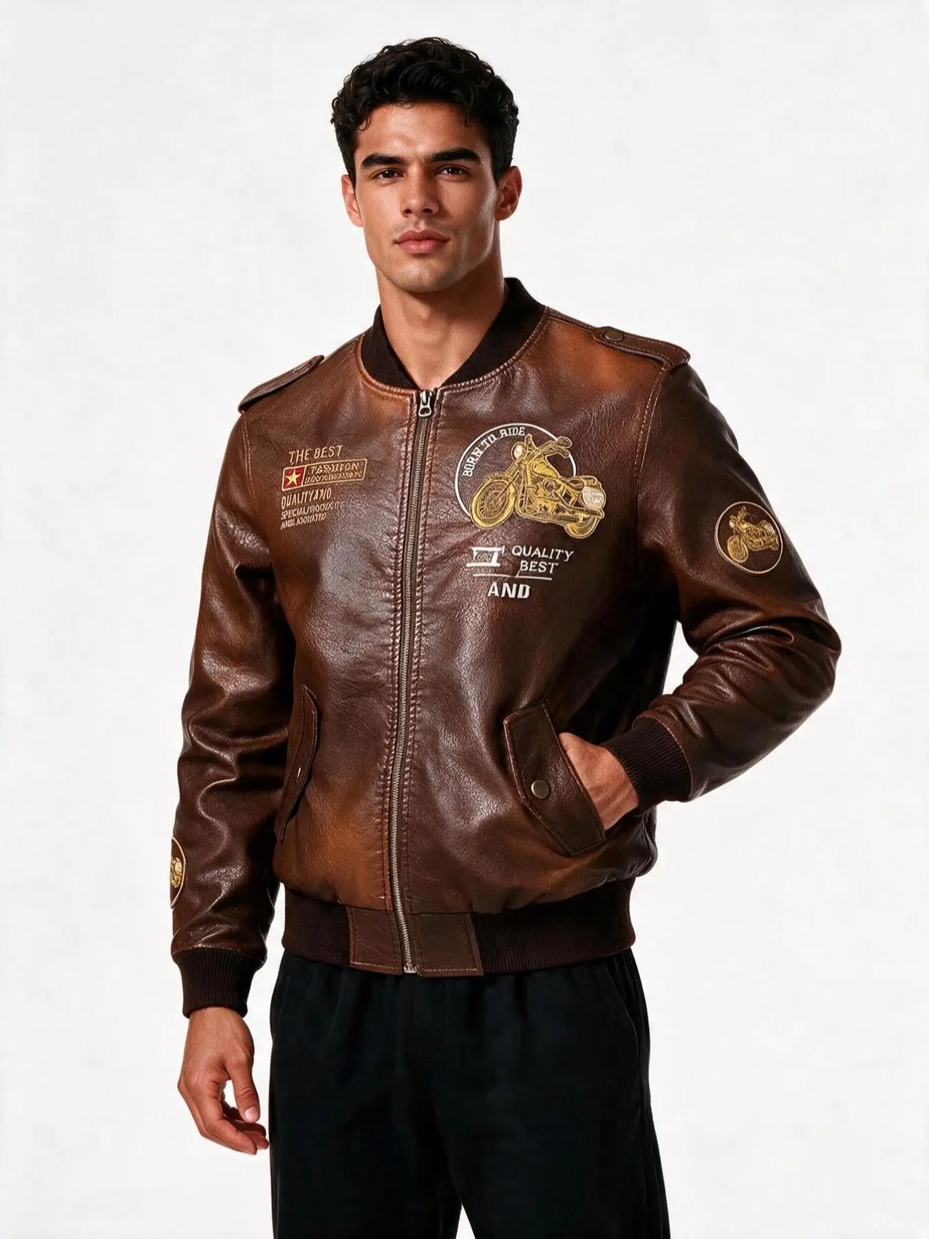 American Vintage Motorcycle Embroidered Leather Jacket for Men, Baseball Collar Flight Jacket, Trendy Faux Leather Motorbike Coat