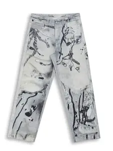 Men's Fashion Casual 3D Digital Print Straight Leg Jeans, Geometric Pattern, Loose Fit, Floor Length, Button Fly, All Seasons