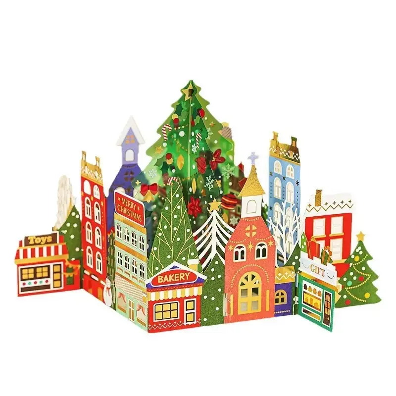 3D Pop Up Christmas Town Greeting Card, Foldable Handmade Christmas Village Blessing Greeting Card Holiday Xmas Gift Greeting Card Christmas Card