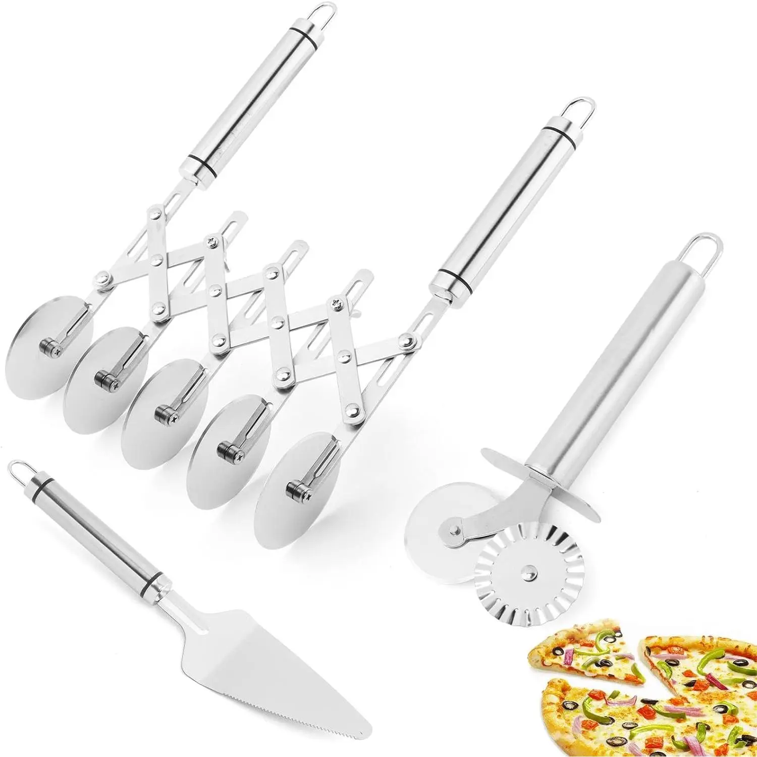 5 Wheel Pastry Cutter Expandable Stainless Steel Dough Cutter with Handle Baking Roller Cookie Dough Divider Multi-Round Pastry Knife Pizza Cutter Roller Pie Server
