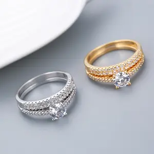 Women's 2-Tone Silver & Gold Plated Copper Double Band Cubic Zirconia Adjustable Split Shank Promise Ring - Wedding Engagement Costume Jewelry