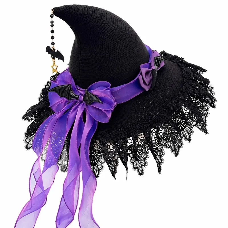 Women's Gothic Witch Hat for Adults - Lace Brim, Bat Star Pendant, Ribbon, Lightweight Comfortable Accessories for Halloween Cosplay, Party Photo Prop (5 Colors)
