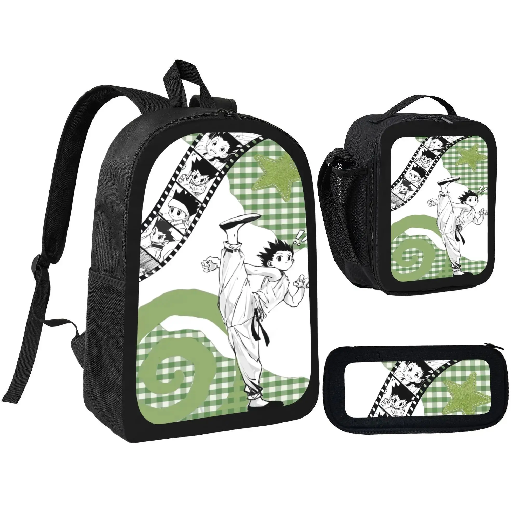 Stylish HUNTERXHUNTER Anime Themed Daypack Set, 3PCS All-Match Student Backpack Kit with Insulated Lunch Tote and Pencil Pouch, Breathable Premium Fabric School Bag for Boys Girls Teens Youth