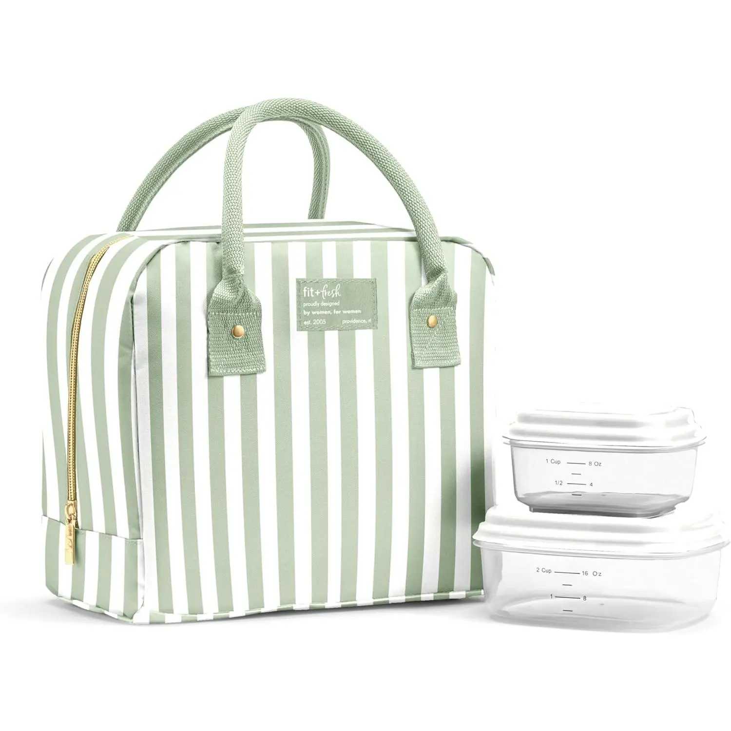 Lunch Bag for Women - Insulated Large Lunch Box for Work with Containers, Leak-Resistant, Stain-Resistant, Zipper Closure, Thick Stripe Sage