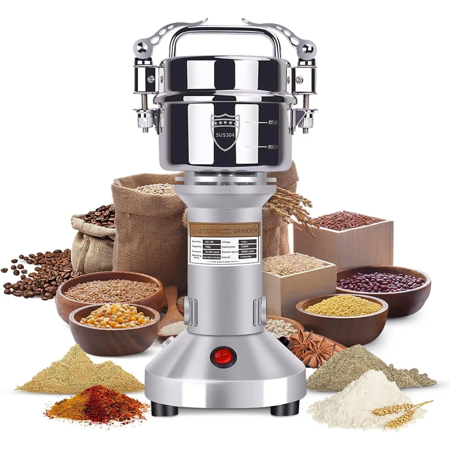 150g Grain Mill  1500W Electric Stainless Steel Grain   Pulverizer  Machine for Dry Wheat, Oats, Corn, Pepper and Coffee Beans (150g Stand Type)