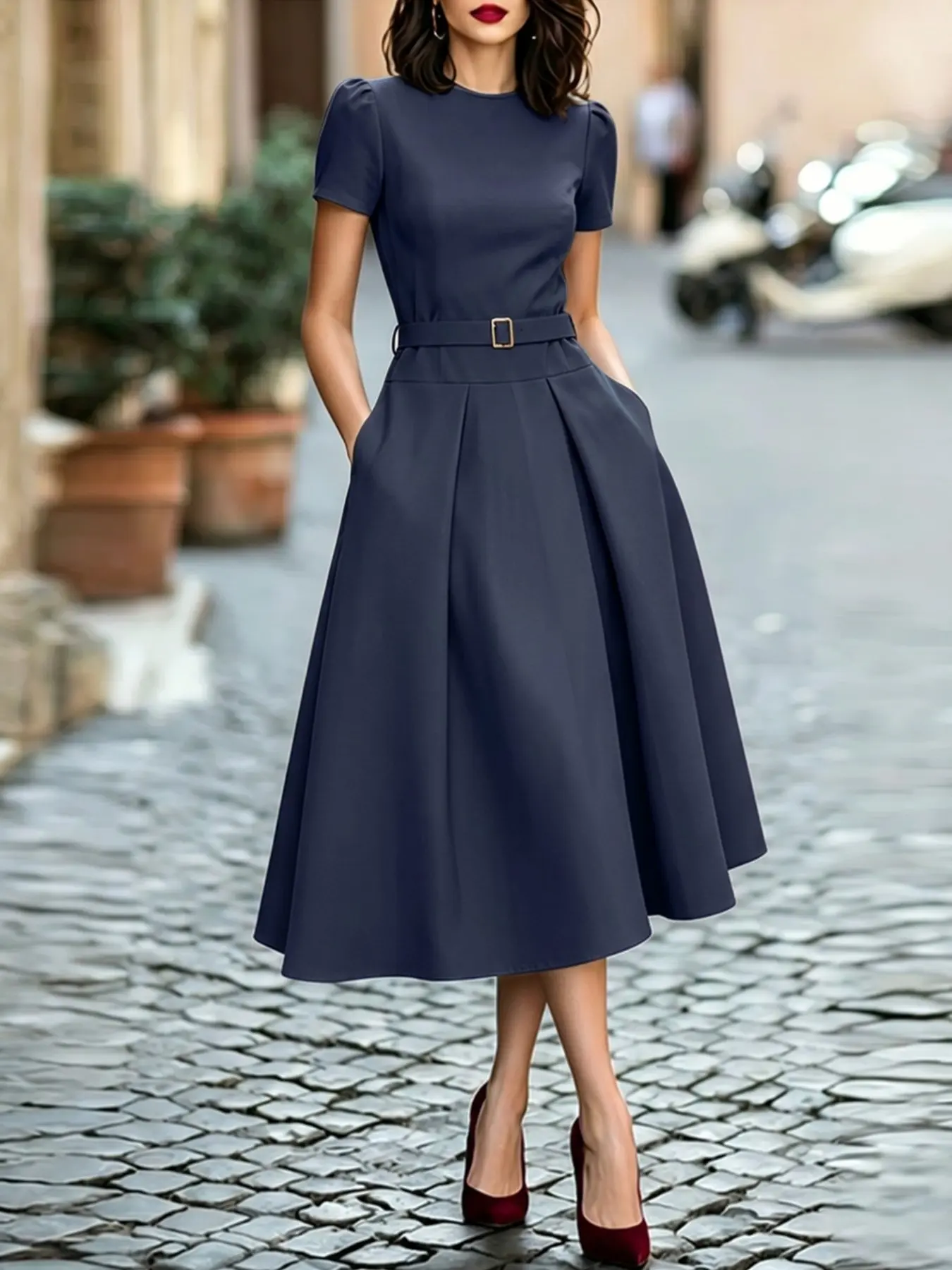 ZANZEA Women's Round Neck Waist Cinch Midi Dress, Short Sleeve with Pleated Detail and Design and Pockets, Casual Wear, Chic, Elegant European and American Style