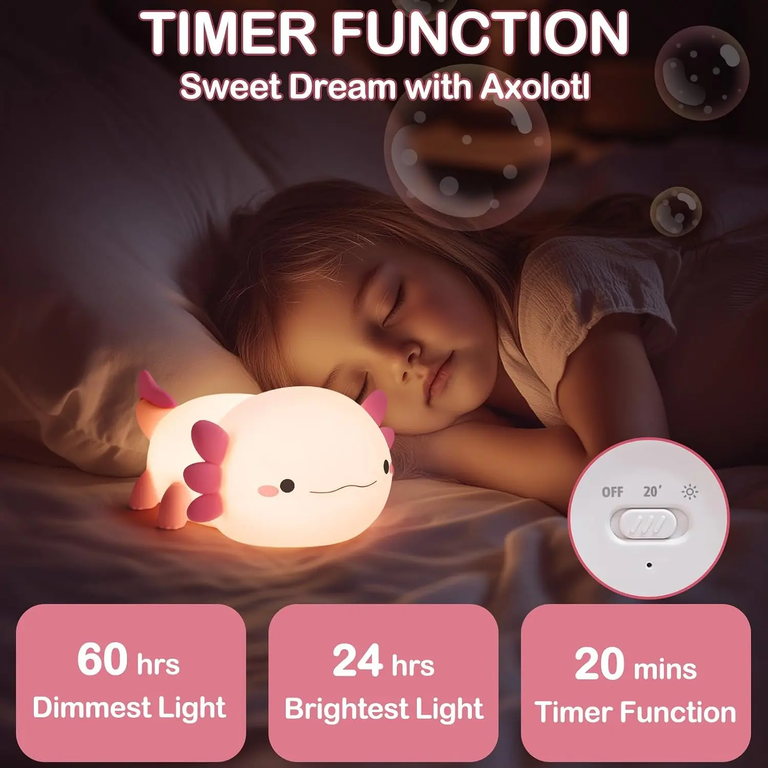 Cute Rechargeable Dimmable Squishy Silicone Animal Touch Night Light - Pink Bedside Lamp Decor for Baby Kids Teens Girls Lovers, Perfect Gift
