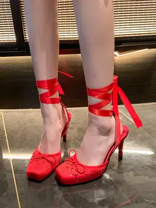 New Satin Strappy Bow Square Toe High Heels, Rhinestone Design, Stiletto Sole, Wedding Party Shoes, Breathable Comfort