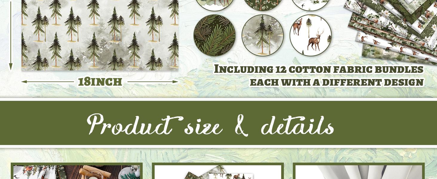 12Pcs Christmas Watercolor Forest Cotton Bundles 18 x 22 Inch Green Christmas Tree Flower Deer Fat Quarter Xmas Quilting Patchwork for DIY Sewing Crafting