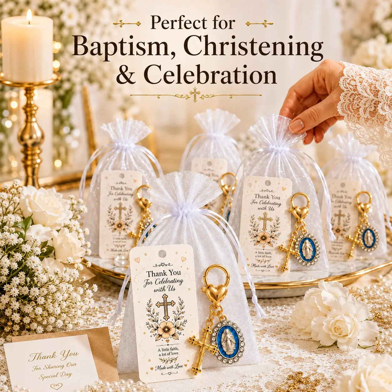 60 Pcs/20Sets Baby Shower Favors for Guests, Gold Cross Keychains with Blue Virgin Mary Medal Charms, White Organza Gift Bags and Thank You Cards, Catholic Baby Shower Gifts, Baptism and Christening Favors, First Communion Keepsakes