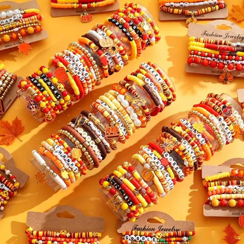 15/30Pcs Fall Thanksgiving Beaded Bracelets for Men And Women, Autumn Harvest Stackable Stretch Bracelet Set, Orange Yellow Brown Bead Elastic Bangles with Pumpkin And Turkey Charms, Mixed Style Jewelry Gifts for Daily Wear And Holiday Party