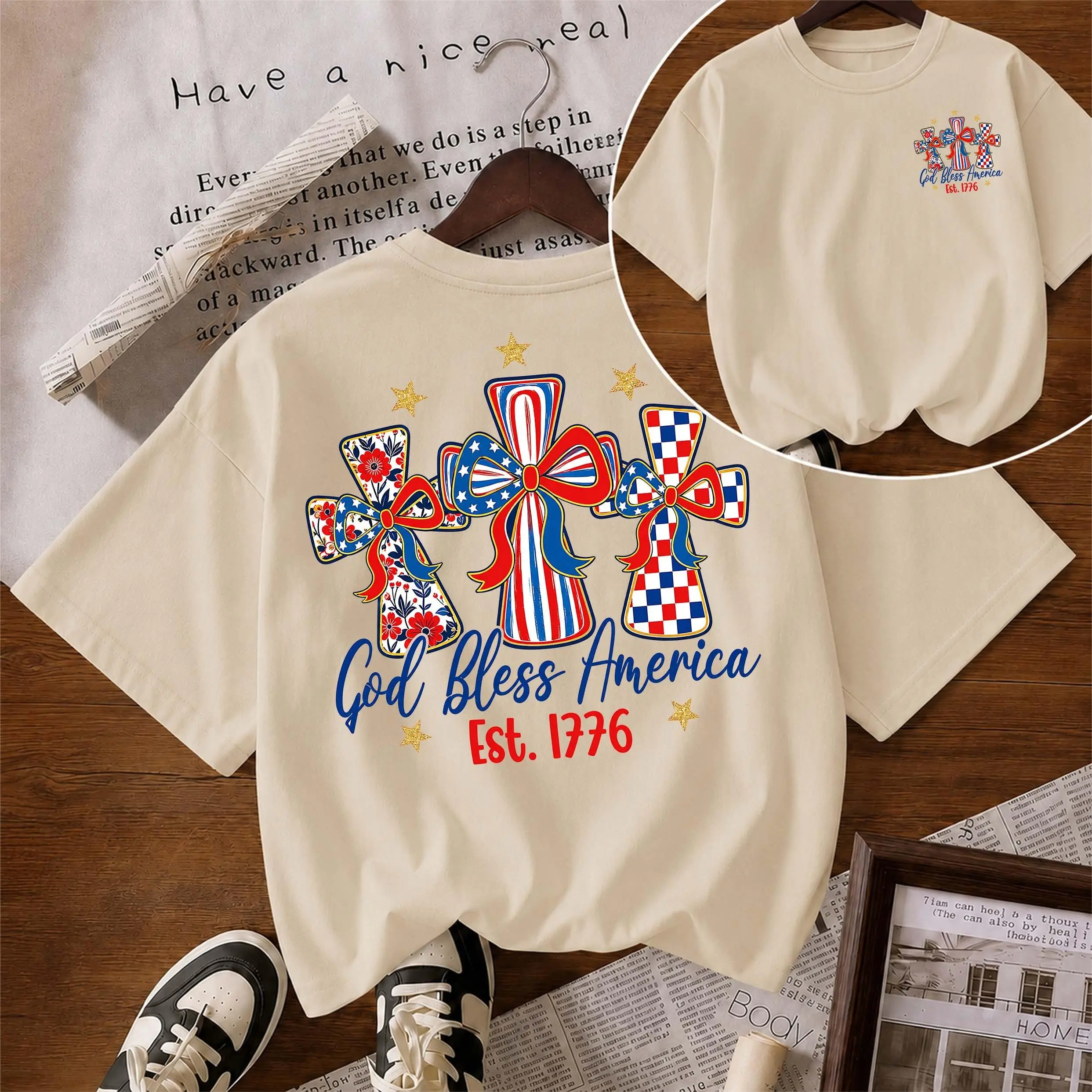 Women's Pure Cotton Short-Sleeve T-Shirt ("God Bless America") — A Unisex Casual Staple, Particularly Ideal For Spring And Summer Wear. Featuring A Cool Graphic Design And A Classic Crew-Neck Cut, It Is Suitable For All Four Seasons.