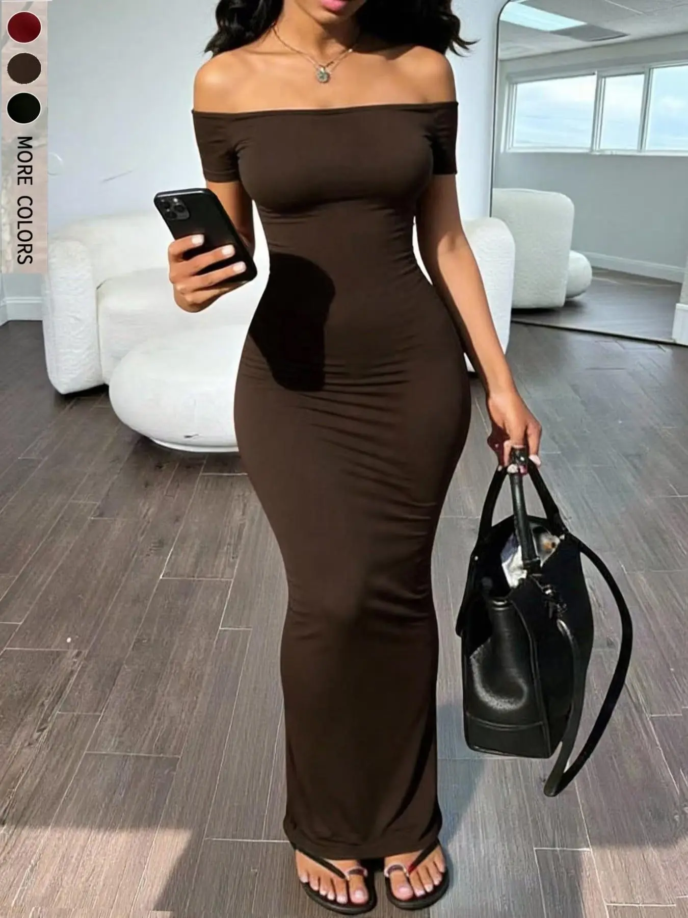 European Style One Shoulder Short Sleeve Dress, Slim-Fit Waist Cinch Ruched A-Line Long Skirt, Casual Daily Wear, Date Night