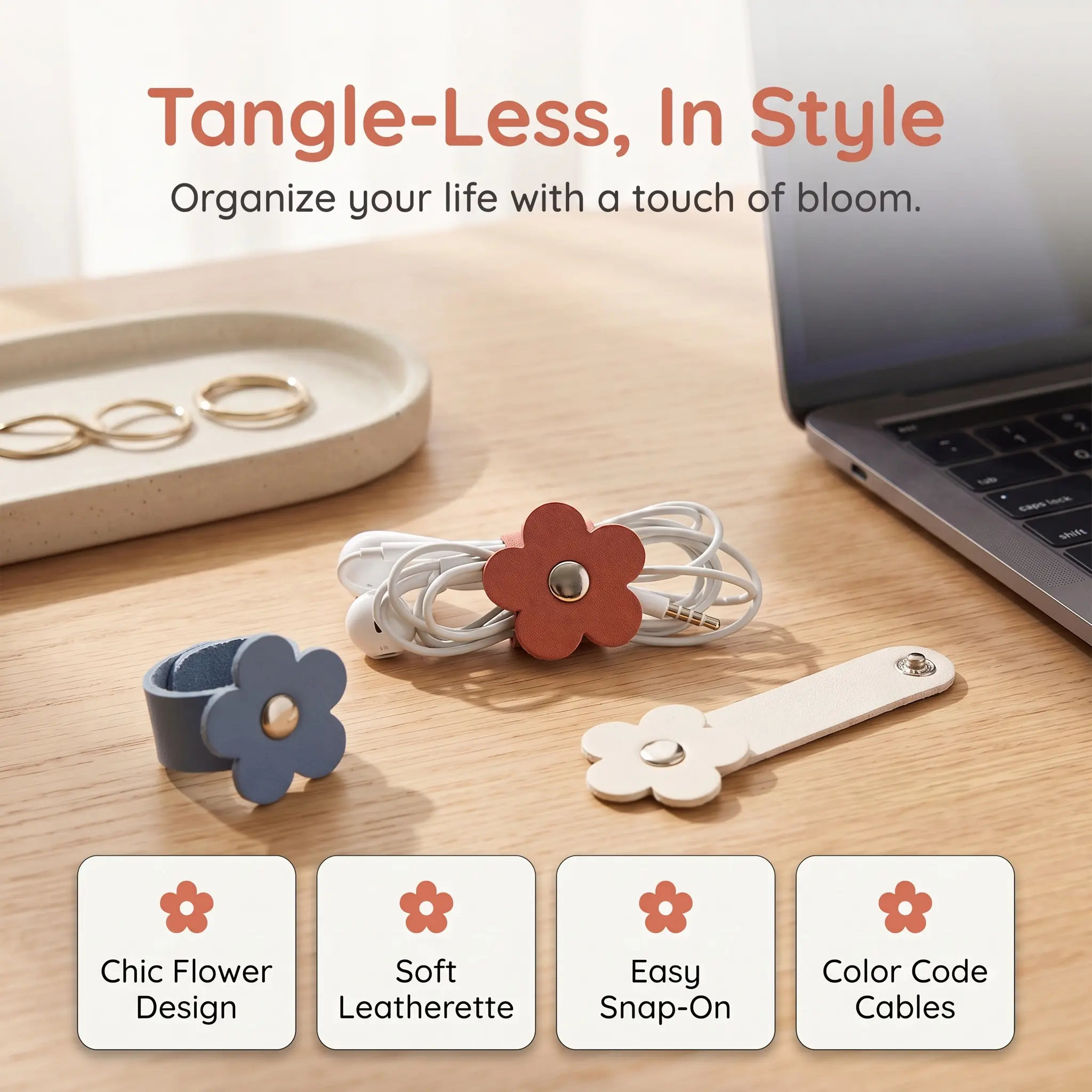 3 pcs Random Color Flower Shaped Cable Organizer, PU Leather Cable Organizer, Earphones Headphones Cable Winder Organizer, Desk Organizer for Home Office-YY1