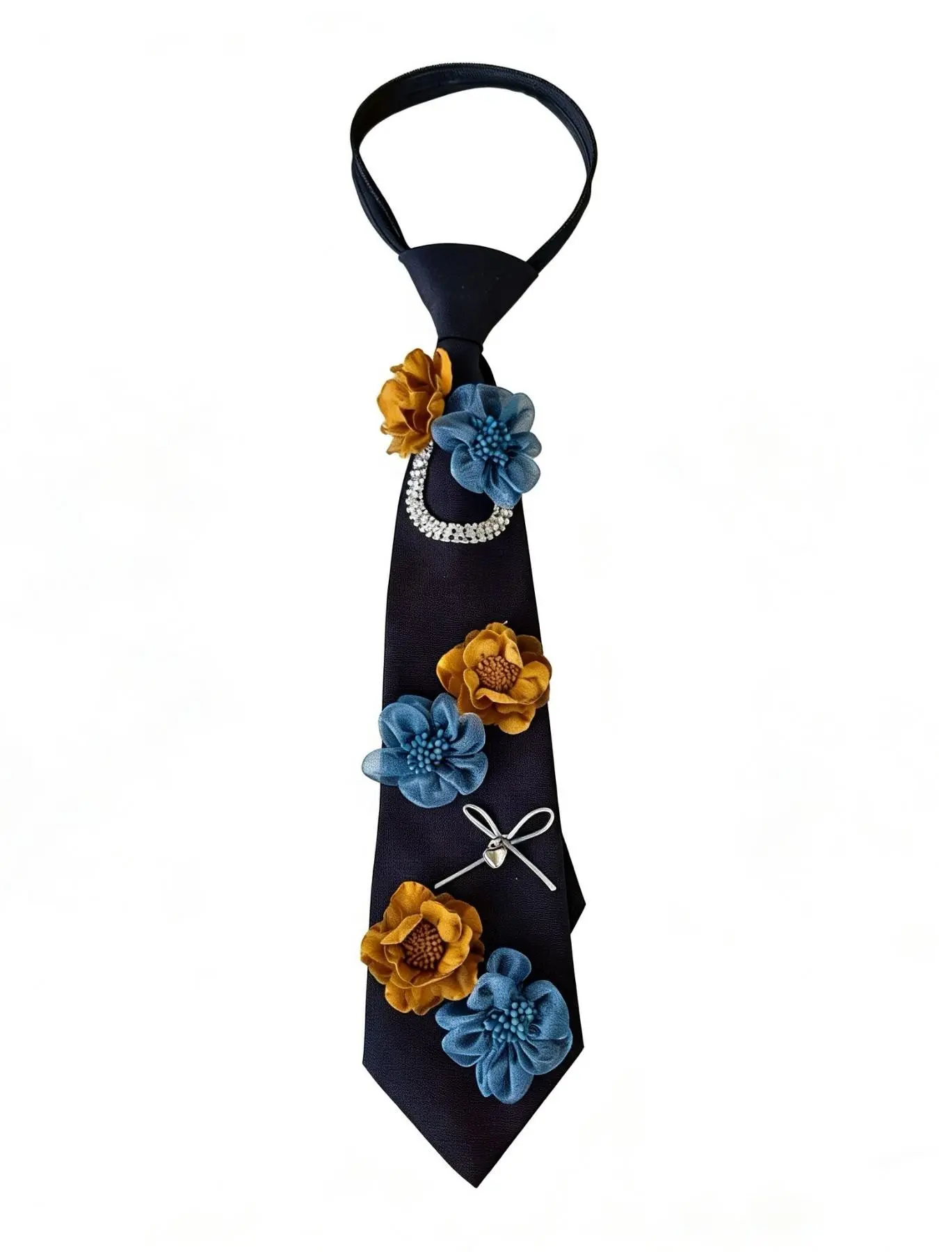 Women's Zipper Necktie with 3D Handmade Floral, Preppy Vintage Flower Decor Fashion Accessory for Daily & Party Outfits