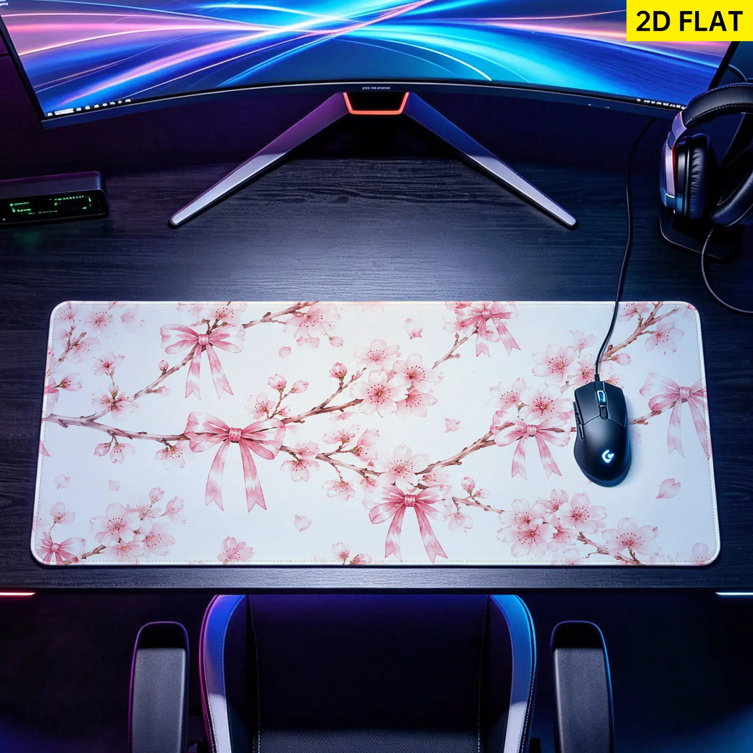 Extra Large pink cherry blossom and bowknot Mouse Pad,Non Slip Rubber Pad,Desktop Decoration Drotection Pad,Washable,Lock Edge Multi Size,Premium Multipurpose Mousepad For Home,Office,Gift for Family and Friends