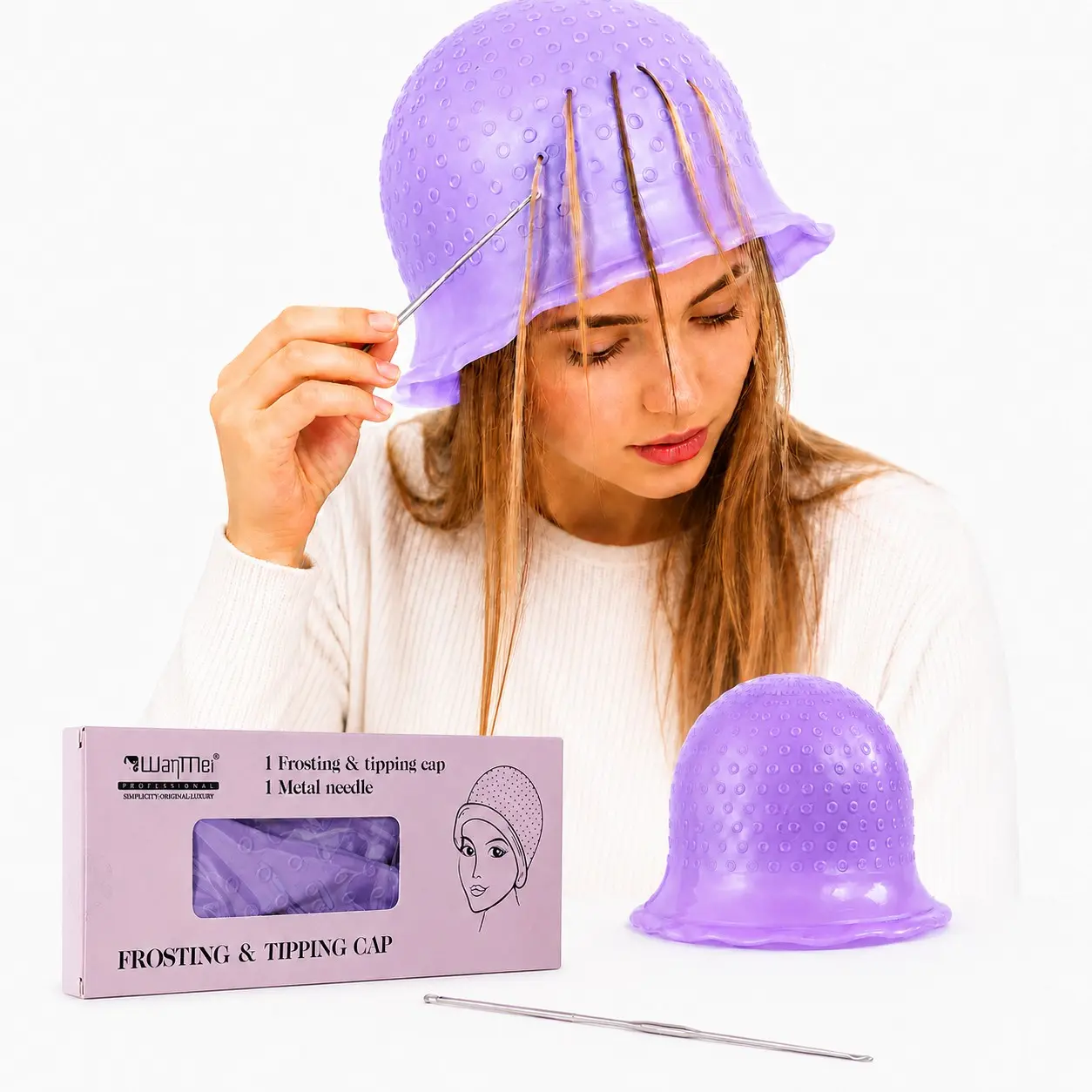 Frosting & Tipping Cap Set, Unpunched Silicone Hair Highlighting Cap with Metal Hook Needle, Reusable DIY Hair Coloring Cap Kit for Highlights, Streaking, Frosting, Tipping and At-Home Salon Hair Dye, Root Touch Up, Hair Touch Up For Roots
