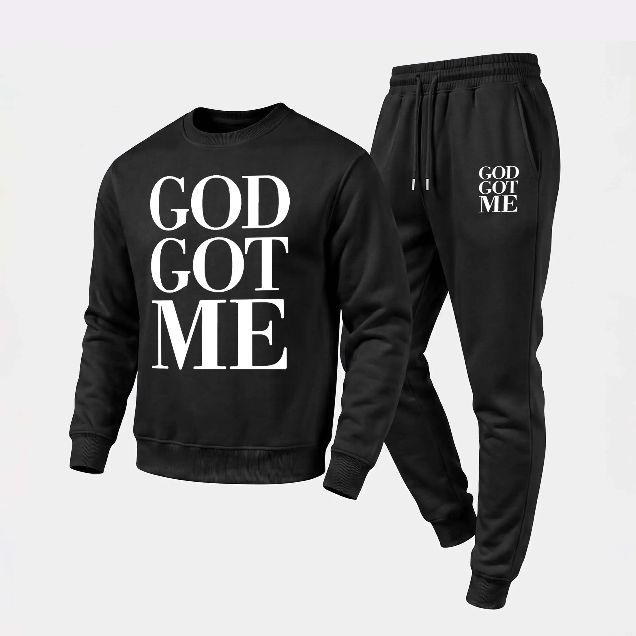 Men's God Got Me Graphic Crewneck Sweatshirt and Jogger Pants Set, Casual Long Sleeve Pullover with Drawstring Sweatpants, Fall Winter Tracksuit for Daily Wear, Travel, Lounge, Workout and Indoor Outdoor Activities