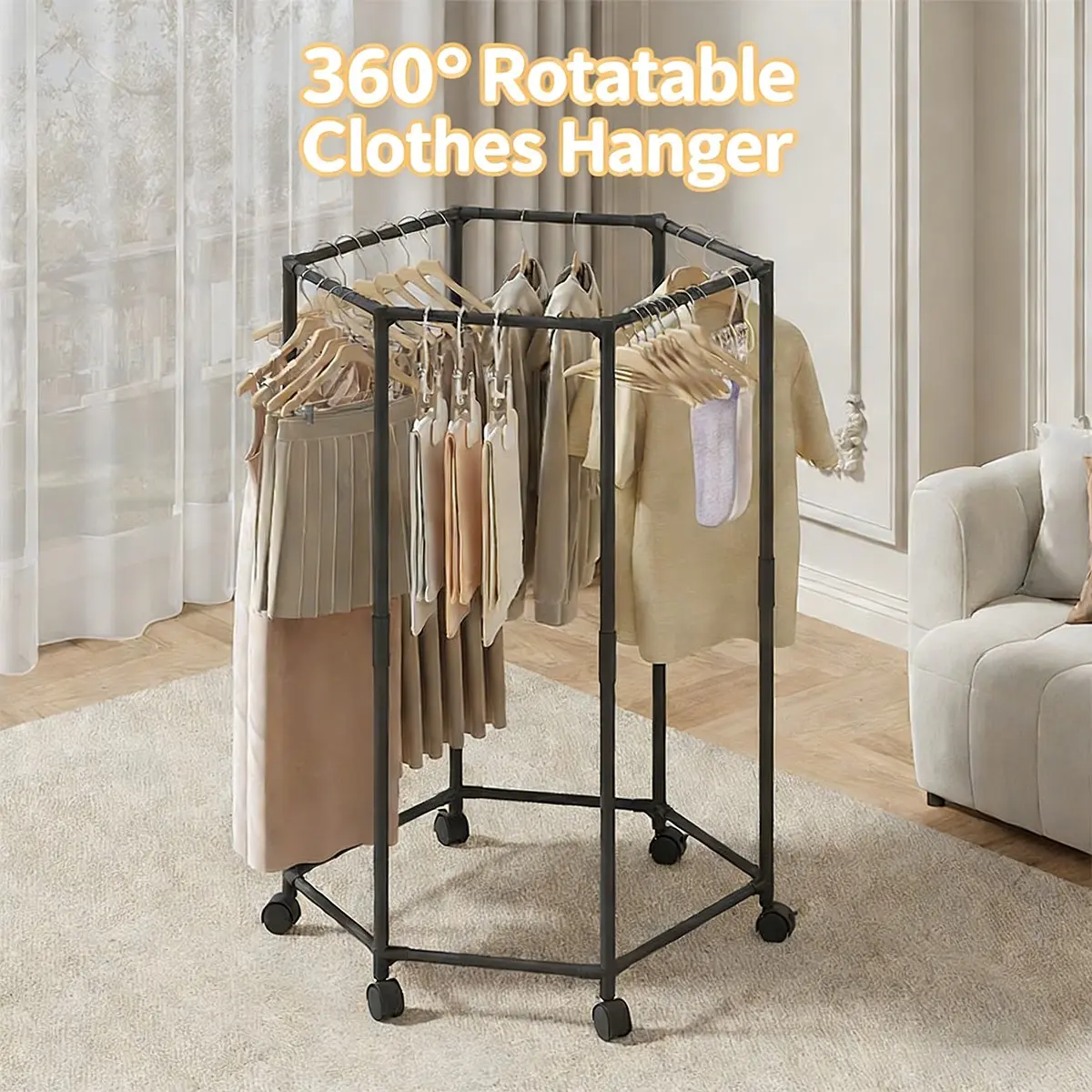 Rotating Garment Rack Rotating Clothes Rack with Wheels, Multifunctional Hexagonal Storage ...