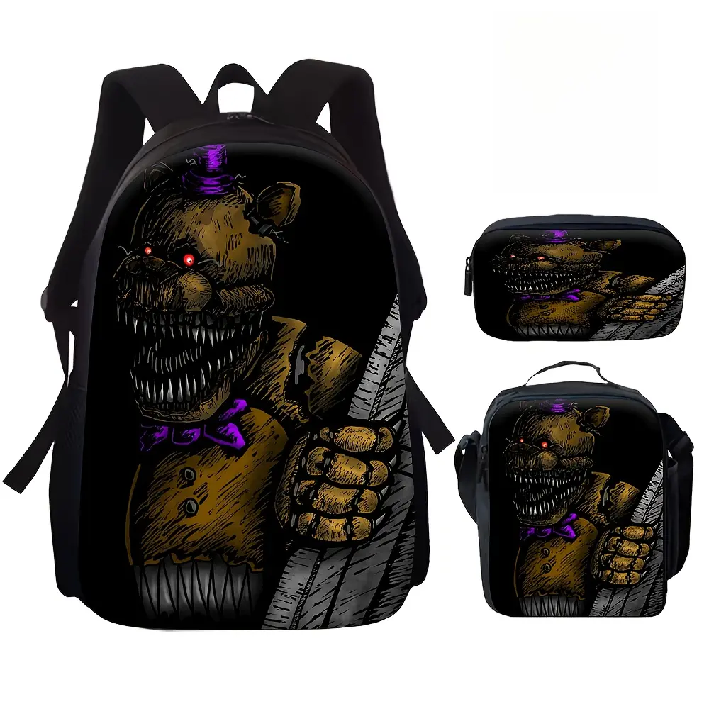 Durable Water Resistant 3-Piece Backpack Set, Backpack + Insulated Lunch Bag + Pencil Case, Nightmare Fredbear Five Nights at Freddy's Dark Horror Sketch Print, Breathable Padded Straps