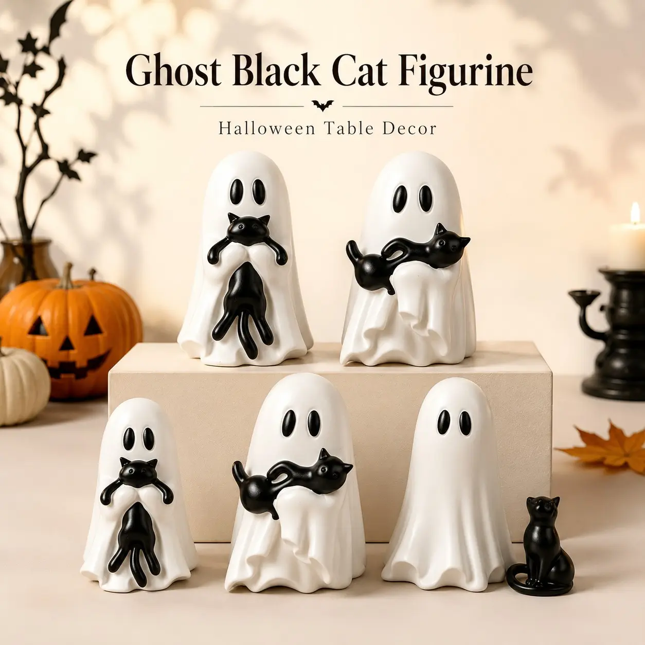 Ghost Cat Ornament Halloween Party Scene Atmosphere Decor, Cute Gift Desktop Decoration, Spooky Home Décor Item, Decorative Figurines