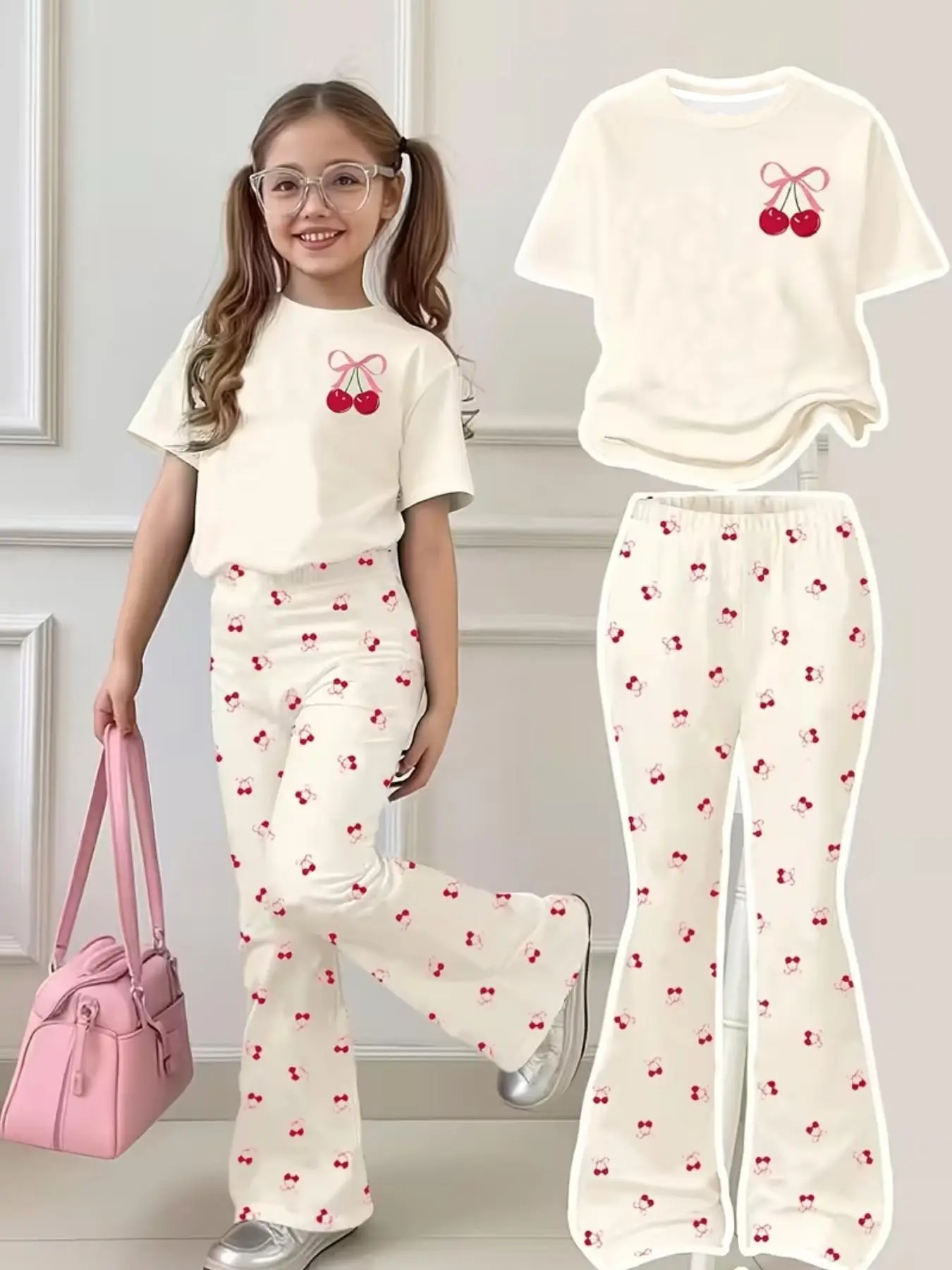 Spring & Summer Casual Outdoor, Cherry Print Short Sleeve T-Shirt & Bell Bottom Pants, Fitted Design for All Seasons