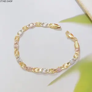 three tone mixed color embossed chain bracelet, polished carved textured link wrist jewelry, delicate tri-color stacking bracelet, everyday decorative metal wrist accessory