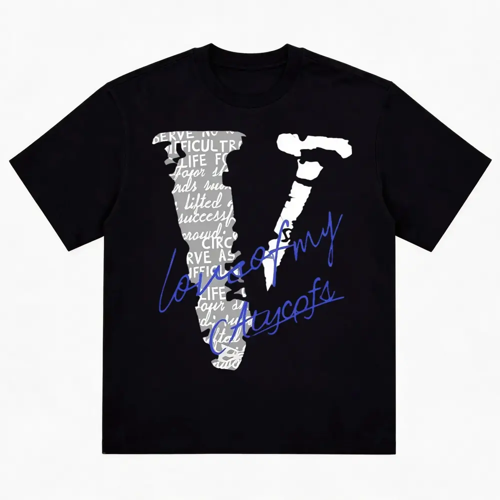 Heavyweight Cotton Oversized Crew Neck Short Sleeve T Shirt, Distressed Giant V Letter Overlay Script Quote Cursive Handwriting Graphic Tee, Unisex Hip Hop Urban Top For Y2K Skater Rap Concert Streetwear Daily Casual Outfit