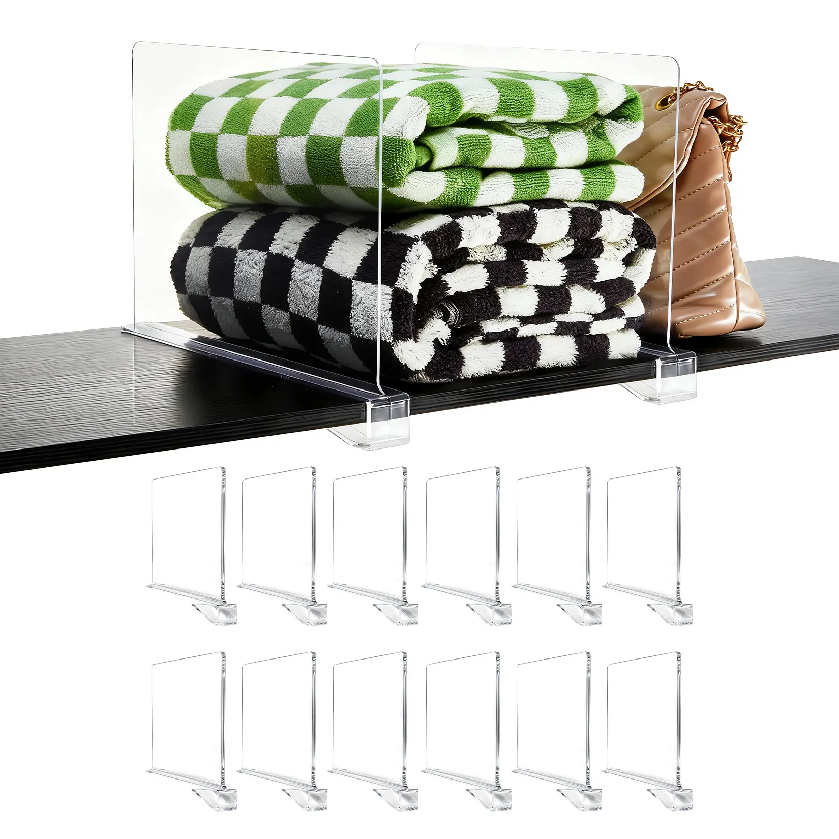 12-Pack Modern Acrylic Closet Shelf Dividers Organiser, 11.8x7.9x1.18in Clip-On Oil-Resistant Plastic Separators for Closet Use, Pantry