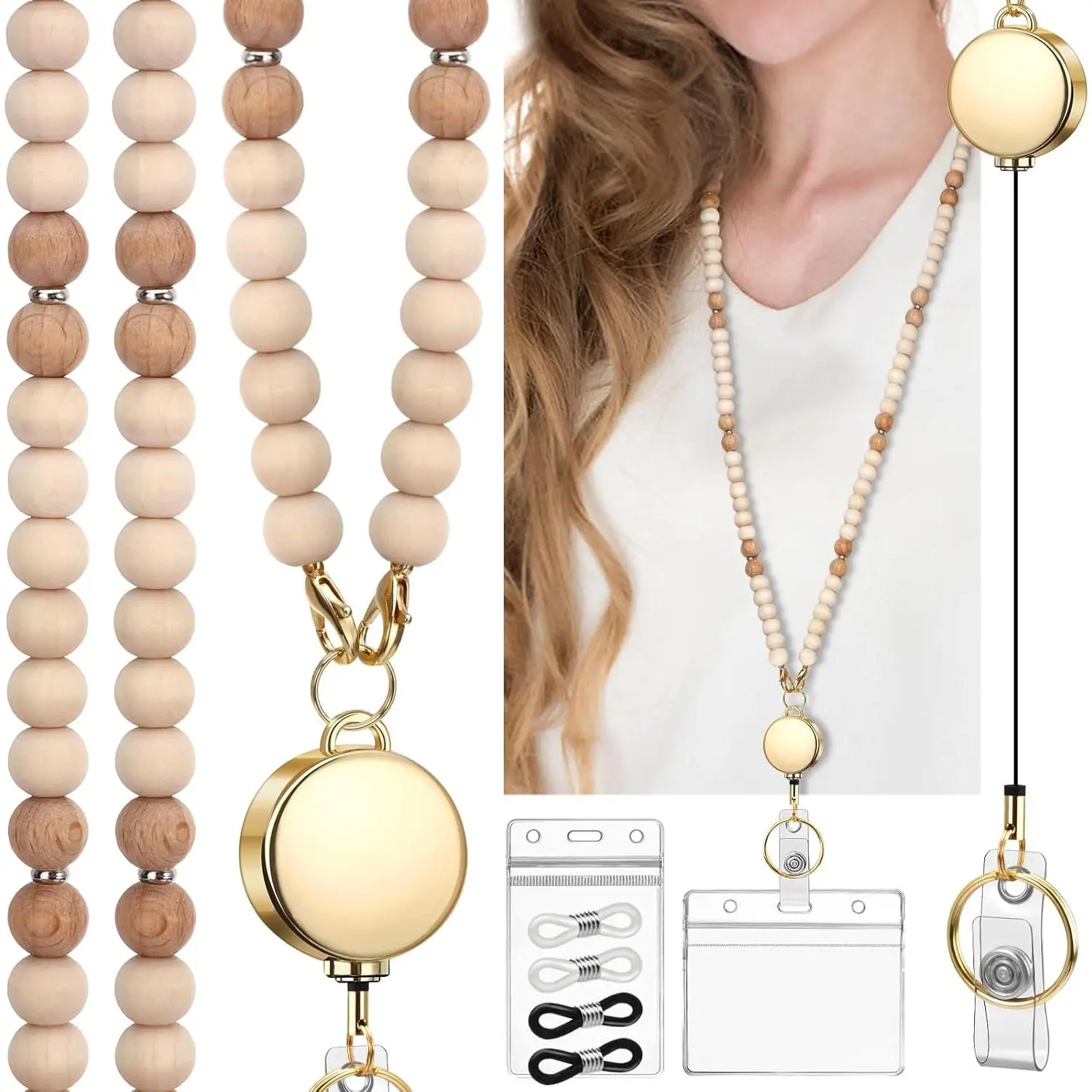 Teacher Lanyard with Id Holder, Retractable Lanyard for Id Badges  | Lightweight and Comfortable for  Day, Cute  Wooden Beaded Lanyard for Women Nurse Travel Cruise Daily, Stylish