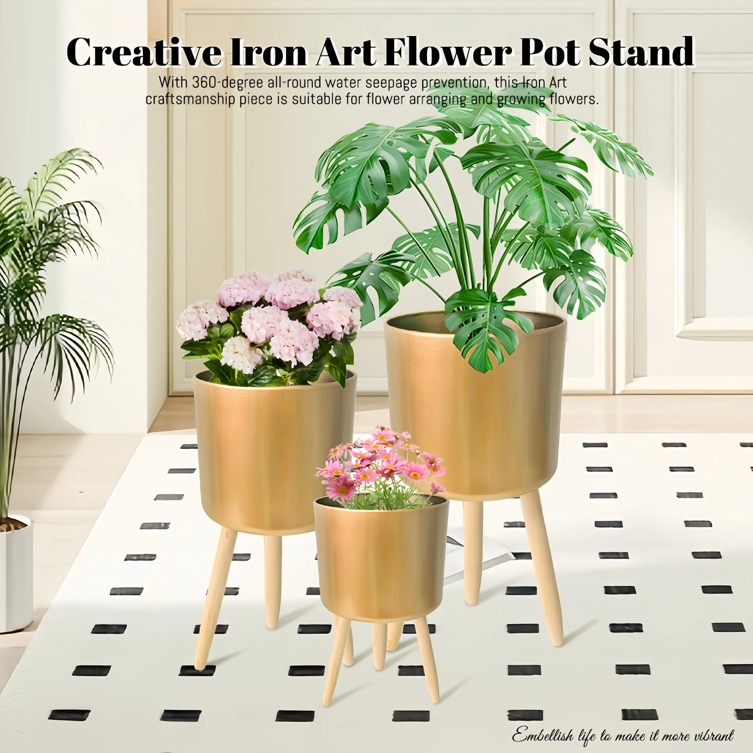 3pcs - Large, Medium, Small Three Types of Wooden High Footed Metal Flower Pots - Large Indoor Plant Pot, Golden Flower Pot with Wooden Legs - Midas Golden Touch Home Decoration - Perfect Match with Fiddle-Leaf Fig Gardening Gift