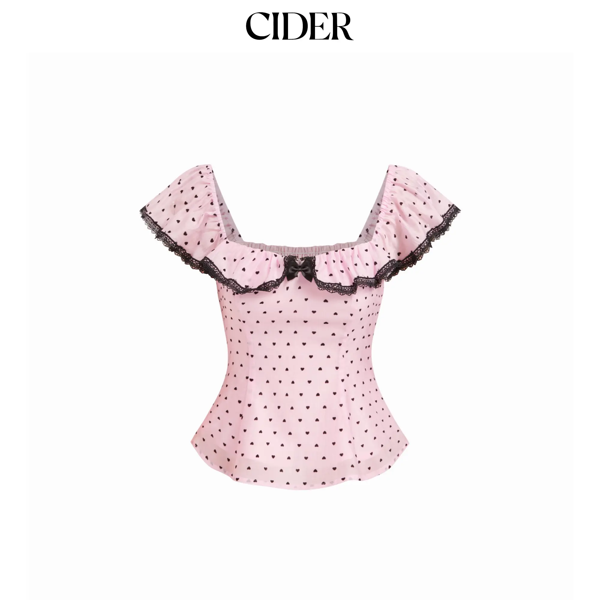 Cider Heart Square Neck Lace Trim Bowknot Shirred Blouse