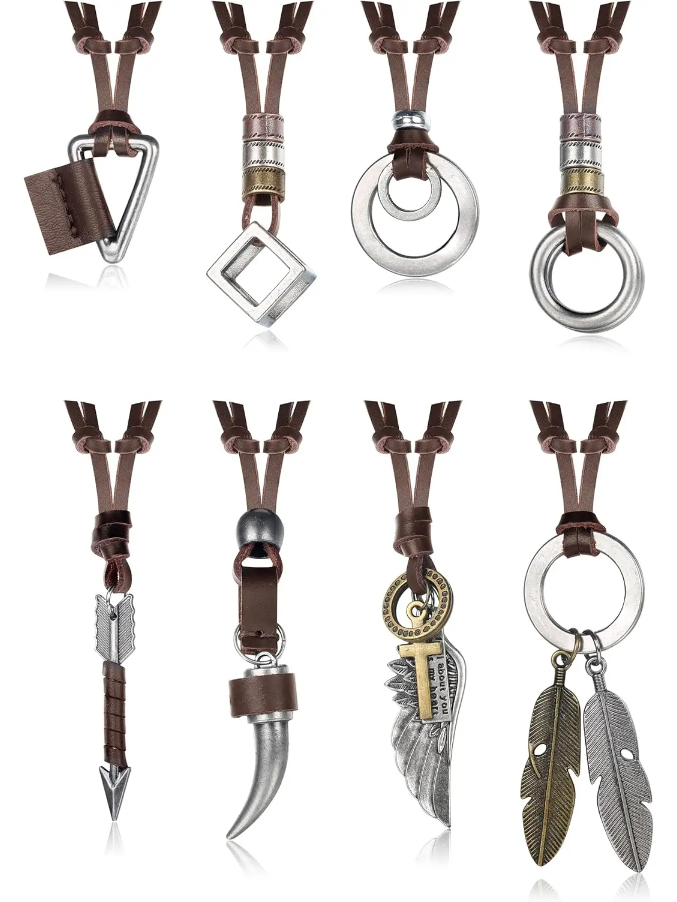 8 Pcs Leather Necklace for Men Women Brown Black Leather Cord Necklace Tribal Arrow Wolf Tooth Feather Pendant Statement Elegant Necklace for Men Women