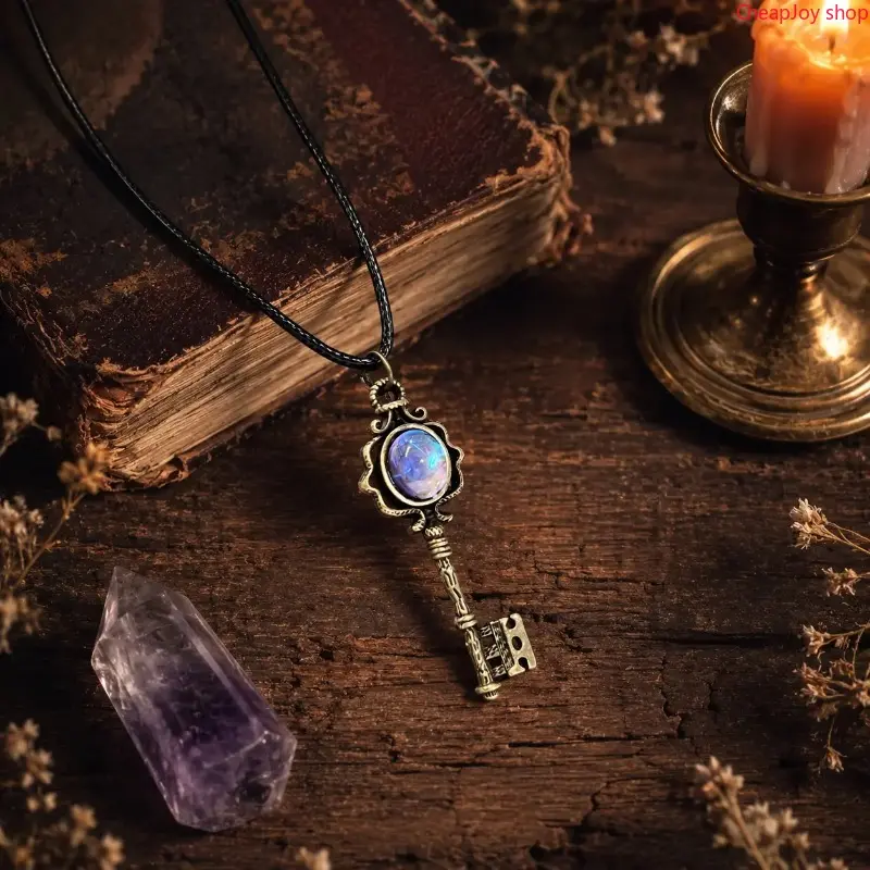 Key Shape Witch Necklace - Gothic Boho Aesthetic Alternative Style, Adjustable Length Colorful Solid Copper Antiqued Bronze Finish, Color-Shifting Fluorite Chakra Protection Amulet, Unisex Vintage Petite Pendant, Thoughtful Daily Wear Jewelry Gift, Gothic