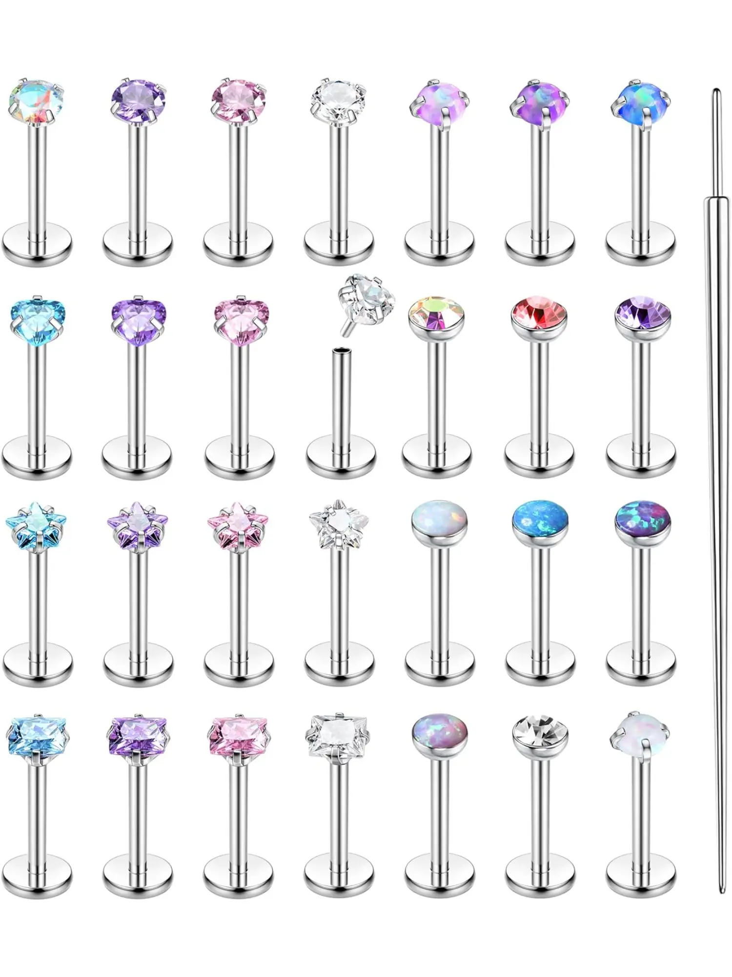 28Pcs Unisex Threadless Push-In Piercing Stud Bundle, Stainless Steel Flat Back Nose Labret Monroe Medusa Tragus Conch Helix Nostril Jewelry Inlaid CZ & Opal