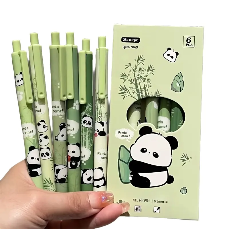 Kawaii Panda 6pcs Retractable Gel Pens - Fine 0.5mm Quick Dry Black Ink Points for Smooth Writing - Cute Office School Supplies Gifts with Ergonomic Design