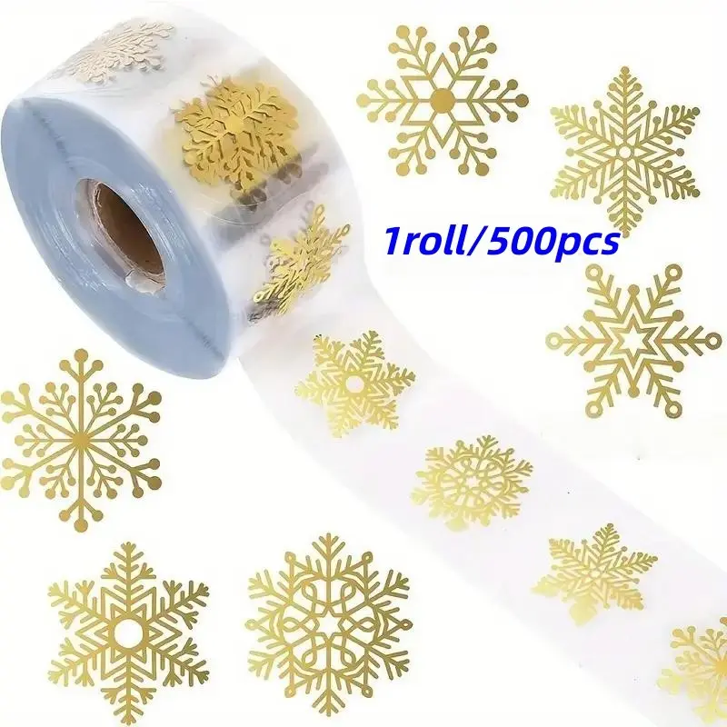 1 Roll/500 Pieces Shiny Transparent Christmas Snowflake Seals, Round Transparent Gold Gift Packaging Stickers, Holiday Decorative Stickers