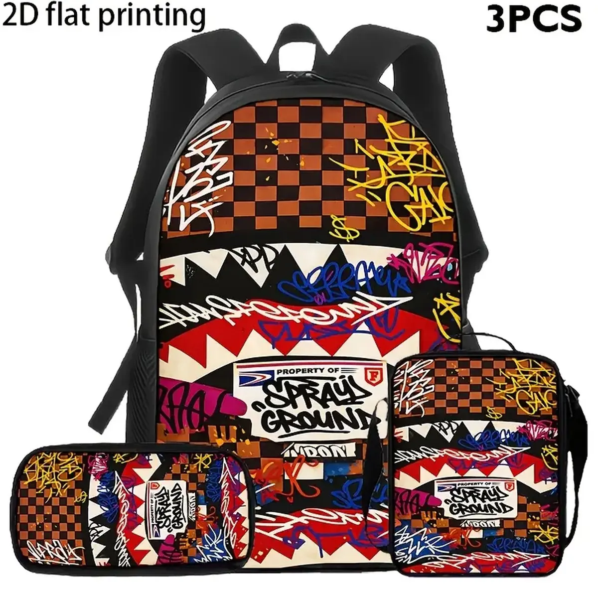 Urban Graffiti Shark 3-Piece Backpack Set, Checkerboard Street Art School Bookbag with Matching Lunch Bag and Pencil Case, Colorful Backpack for Kids Teens, Gift, Urban Art Travel Daypack Gift,Cool Gift for Students