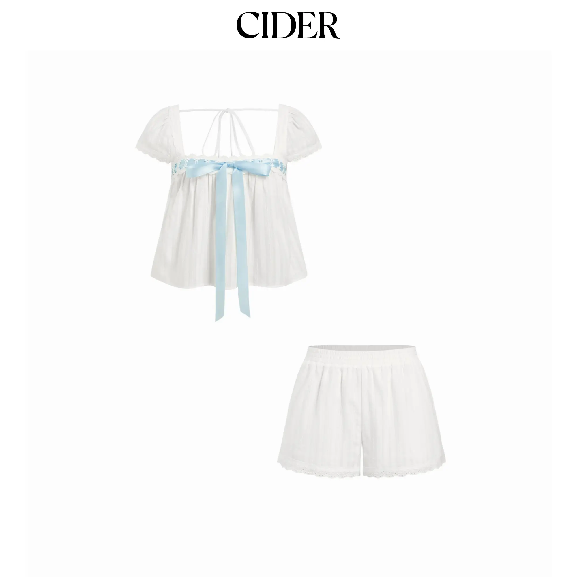 Cider Cotton Square Neck Puff Sleeve Bowknot Top & Shorts Set SohoChic