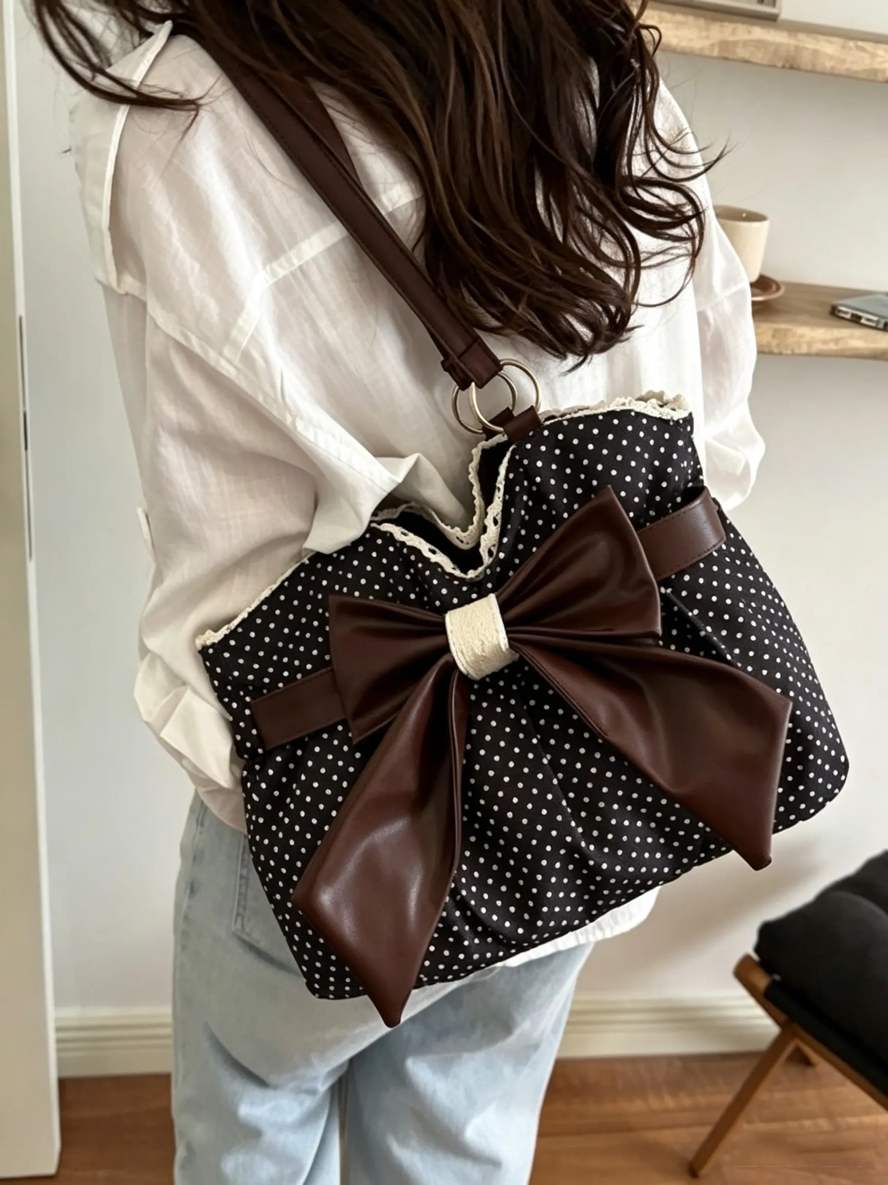 Vintage Polka Dot Shoulder Bag with Big Bow, Lace Decor Large Capacity Tote Bag, Daily Shopping Handbag for Women, Perfect Holiday Gift